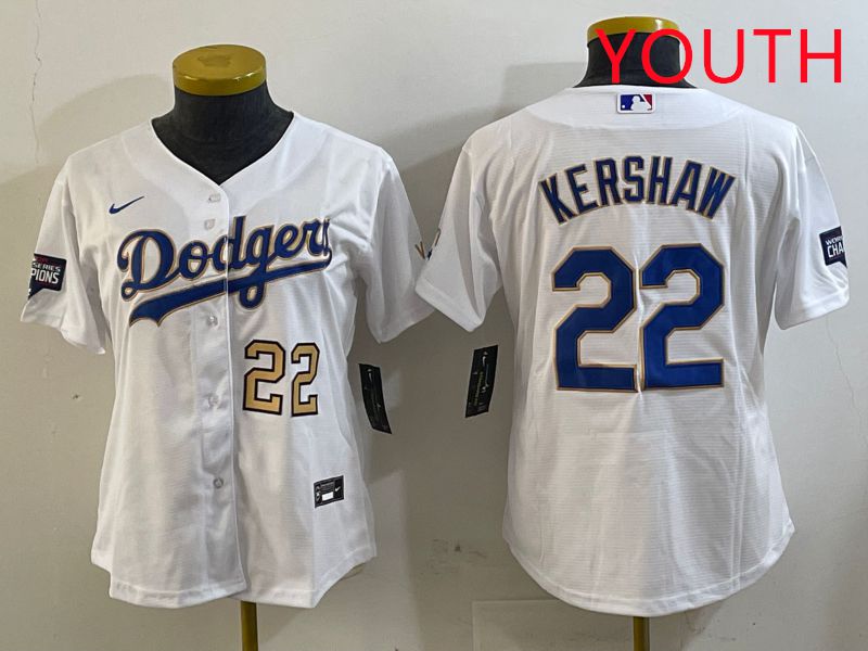 Youth Los Angeles Dodgers #22 Kershaw White Gold Game 2025 Nike MLB Jersey style 2